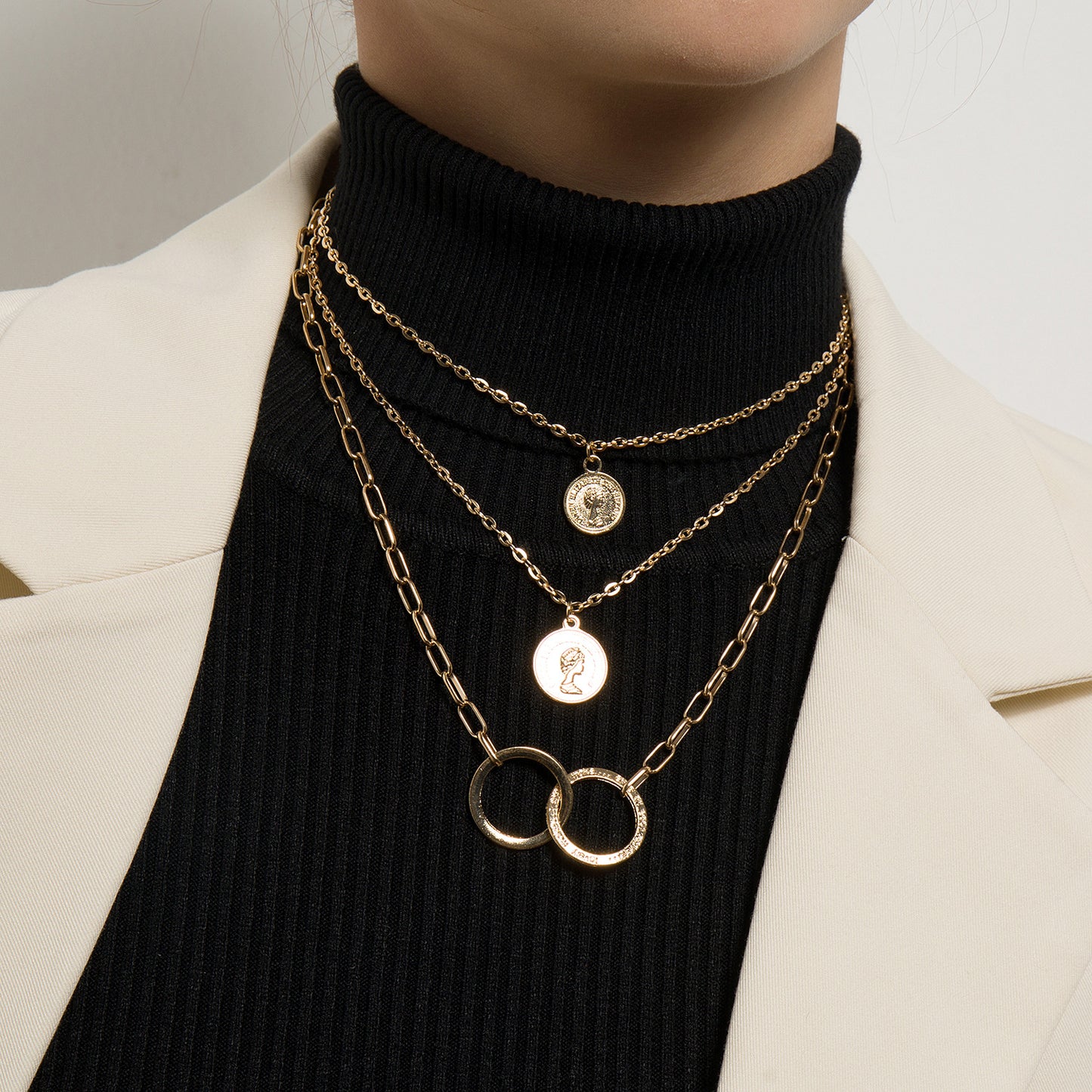 European and American cross-border jewelry, fashion trends, multi-layer ring stitching, stacking necklaces, portrait medallion pendants, sweater chains