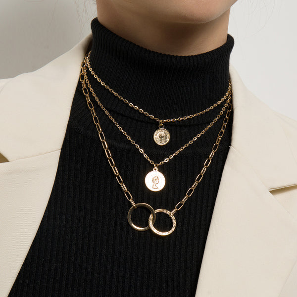 European and American cross-border jewelry, fashion trends, multi-layer ring stitching, stacking necklaces, portrait medallion pendants, sweater chains - view 2 | Ciaura