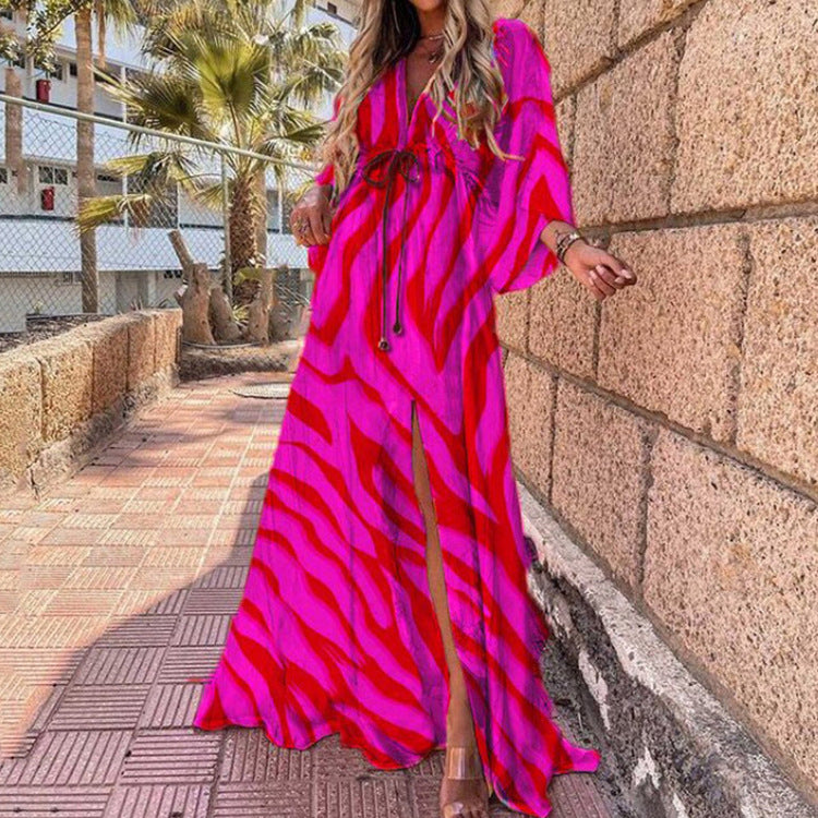 2026 foreign trade European and American wish spring new cross-border resort style V-neck slim print printed and dyed long dress