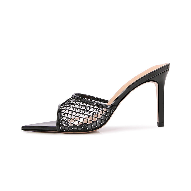 Women's high-end fashion black grid rhinestone heel slippers thin heels pointed open toe high heels do not tire the feet