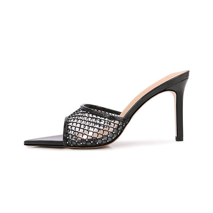 Women's high-end fashion black grid rhinestone heel slippers thin heels pointed open toe high heels do not tire the feet
