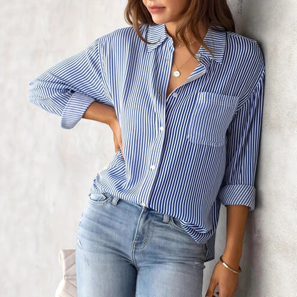 Women's Fall 2023 Amazon Striped Cardigan Tops Loose Casual Long Sleeve Shirts Women's Striped Long Sleeve Shirts