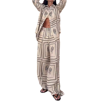 Cross-border spring 2026 new European and American style women's clothing temperament long-sleeved printed shirt loungewear fashion women's suit