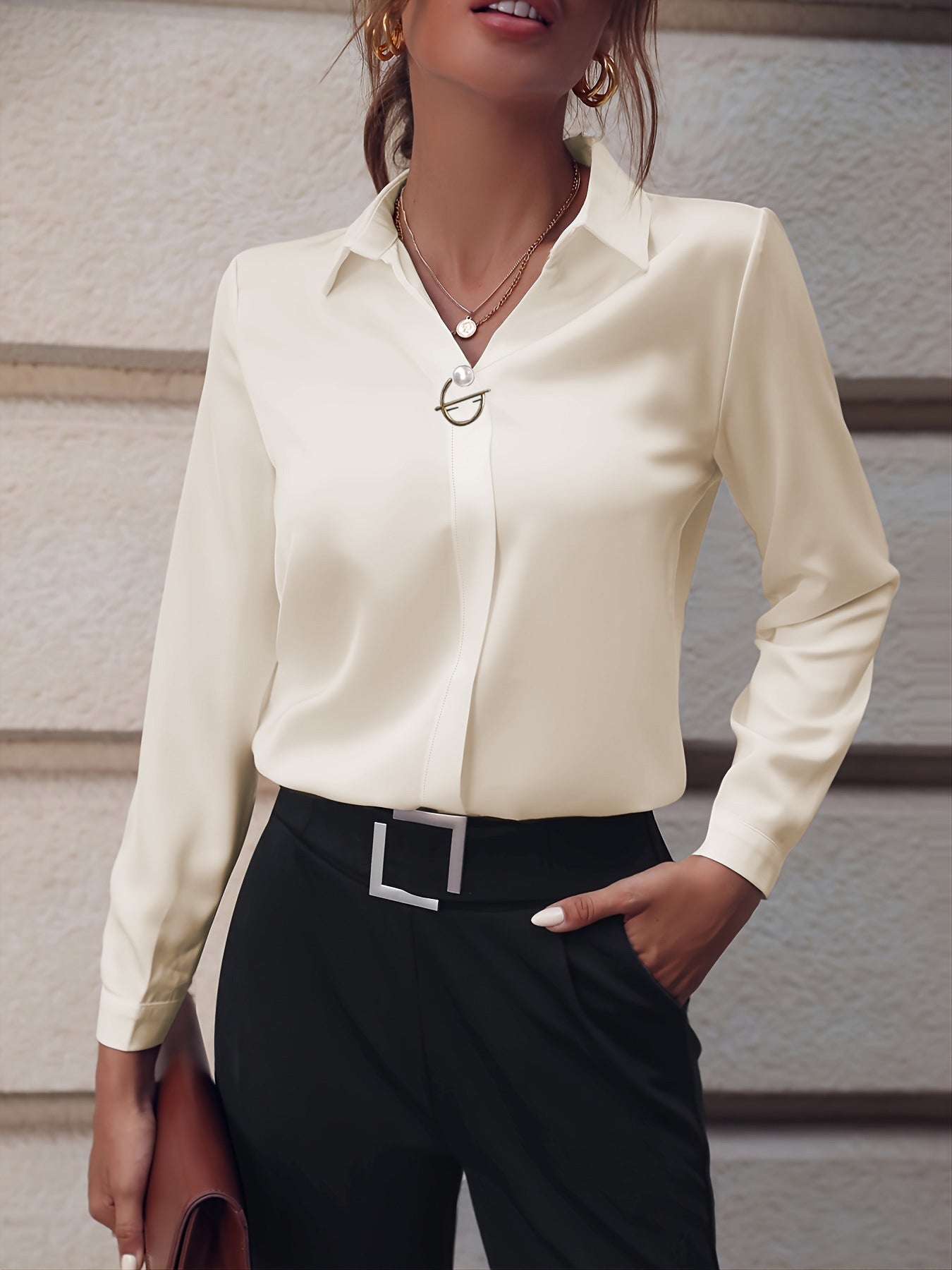 European and American commuter women's shirts are versatile and simple, Amazon solid color shirts, long sleeves, mid-length shirts