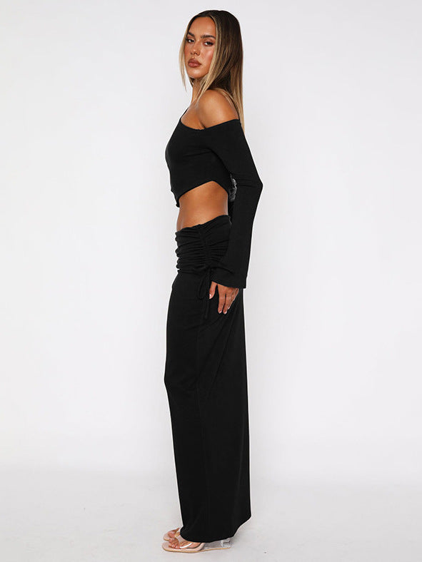 Foreign trade autumn and winter new women's temperament, solid color diagonal collar, one shoulder, crop navel, long sleeve top, hip hugging skirt, women