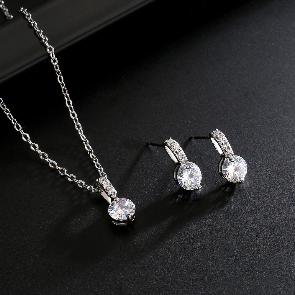 RAKOL Korean Style Fashionable Simple Geometric Round Zircon Jewelry Set Versatile Earrings and Necklace Two-Piece Set