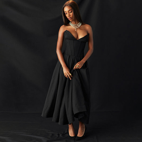 2024 Spring New Sexy Bandeau Fashion Pointed Corner Fishbone Tunic A-Pendulum Dress Cross-border Foreign Trade Open Back