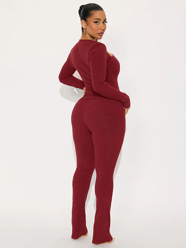 Foreign trade autumn and winter new European and beautiful clothing fashion slanted collar off-the-shoulder solid color base top high-waisted skinny trouser suit