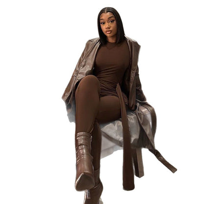 2025 new cross-border European and American style splicing with metal buckle long-sleeved jumpsuit fashionable casual tights