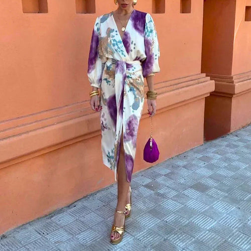 2026 spring new cross-border European and beautiful clothing temperament print chic V-neck long-sleeved mid-length skirt two-piece set for women