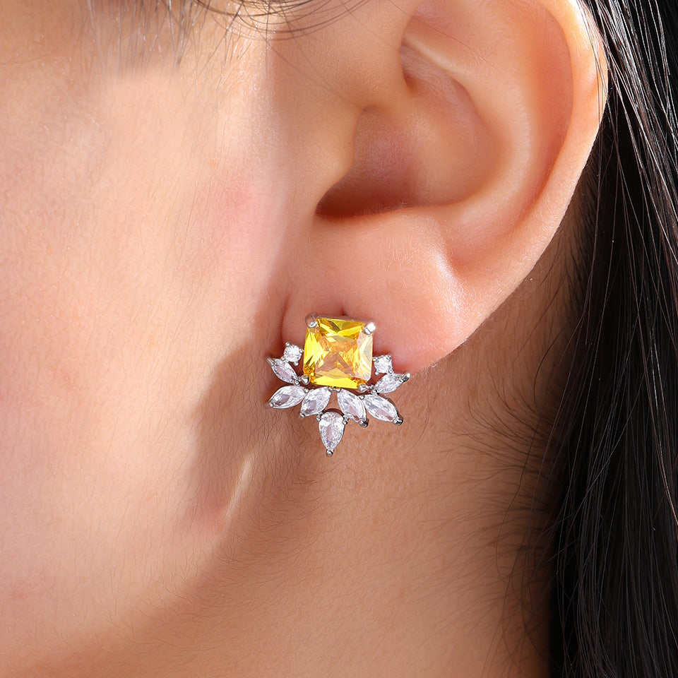 Cross-border light luxury sugar cube yellow diamond earrings, snowflake zircon earrings, niche, high-end and versatile light luxury foreign trade accessories