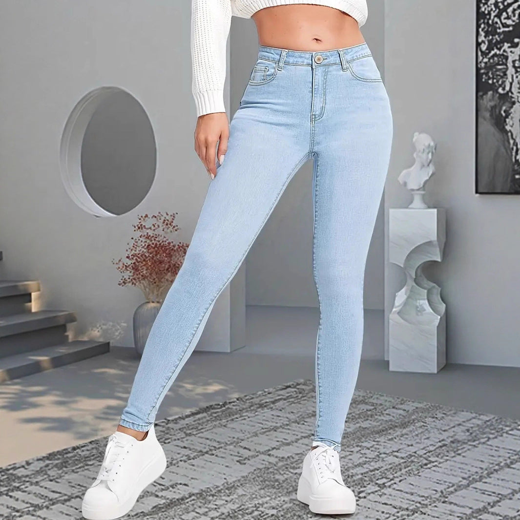 Women's jeans fashionable and versatile, stretch pants, simple slim slim light blue denim trousers, JEANS