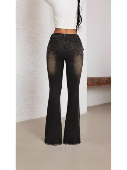 Cross-border AliExpress foreign trade model new women's low-rise flared pants with sun buckle raw hem women's jeans