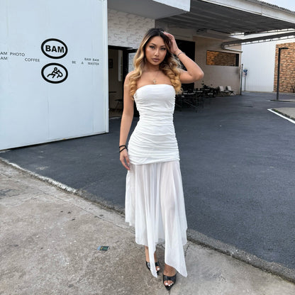 Cross-border spring and summer 2025 new European and American clothing sexy bandeau sleeveless pleated slim mesh patchwork dress for women