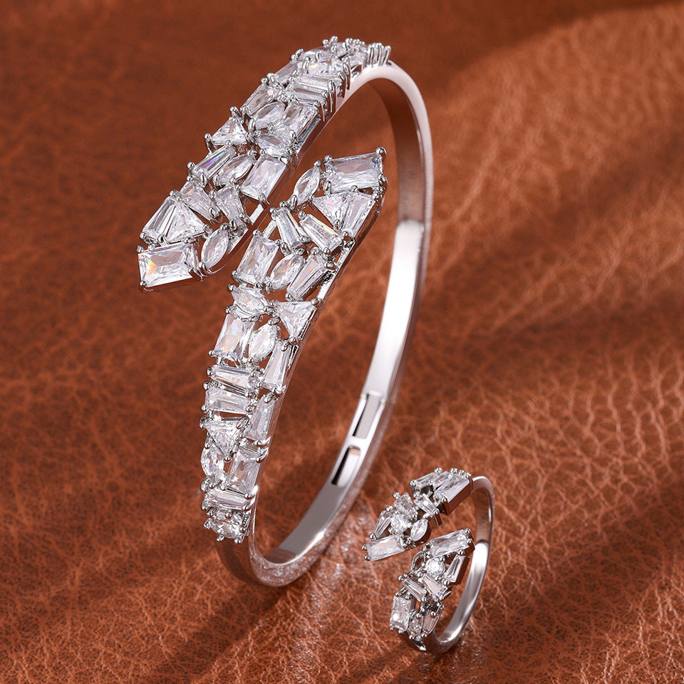 RAKOL Open Copper Zircon Semi-Setting Bracelet Diamond-Encrusted Simple Versatile Elegant Bracelet Women's Bracelet Ring Set