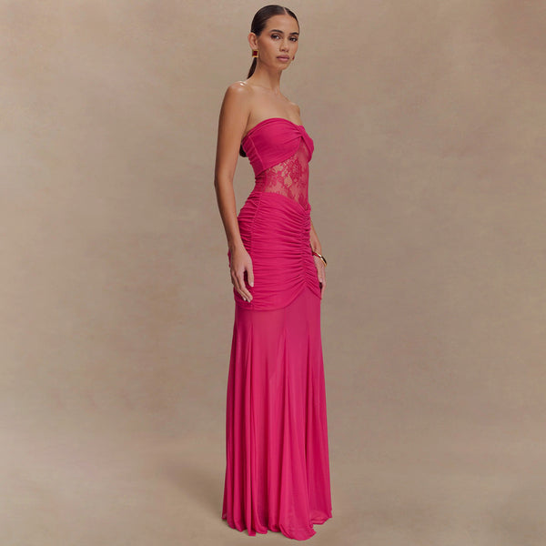 Cross-border 2025 new European and American clothing mesh spliced bandeau skirt temperament one-shoulder pleated see-through dress - view 2 | Ciaura
