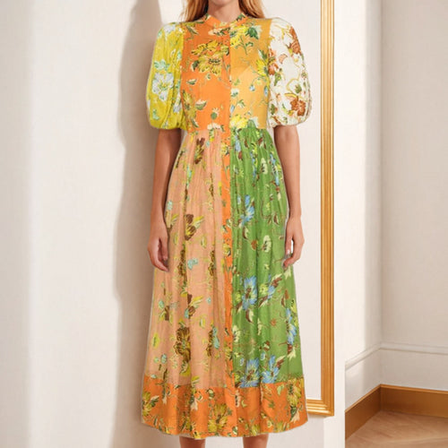 AliExpress independent station 2025 summer new cross-border European and American elegant commuter print contrast splicing dress women