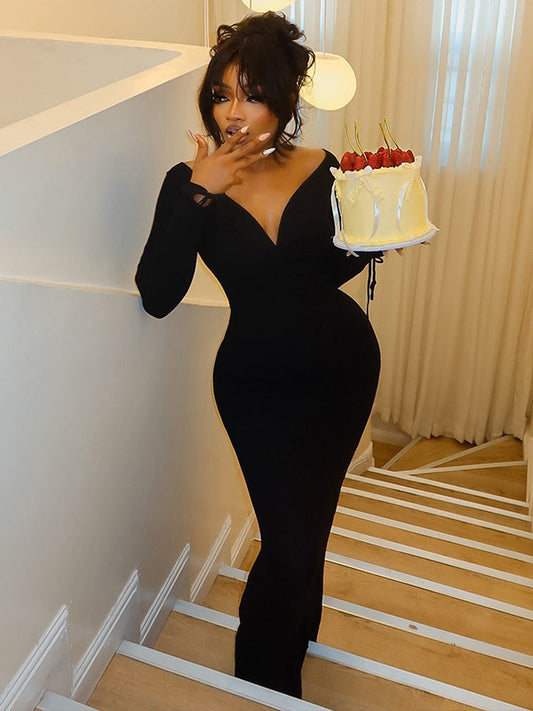 Foreign trade European and beautiful women's autumn and winter new solid color V-neck sexy backless lace-up slim slit hip wrap dress for women