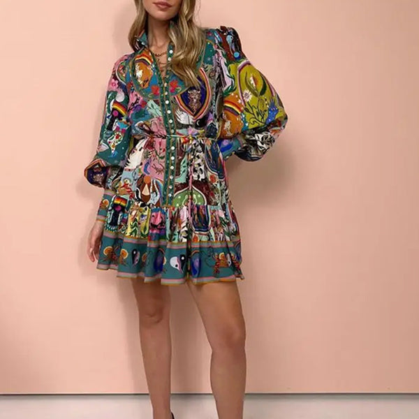 Spring 2026 New Cross-border European Women's Printed Crew Neck Cinched Waist Lace-up Pleated Ruffled Vintage Dress