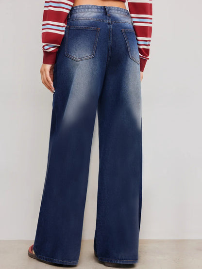 European and American cross-border foreign trade ripped jeans washed high waist straight leg versatile loose denim trousers women JEANS