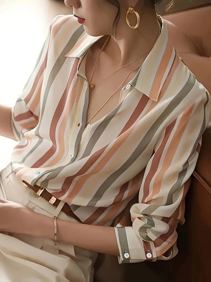 Cross-border foreign trade contrast temperament striped shirt women's 2024 spring summer new niche retro lapels are loose and slim