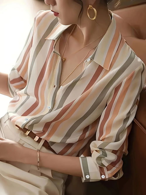 Cross-border foreign trade contrast temperament striped shirt women's 2024 spring summer new niche retro lapels are loose and slim