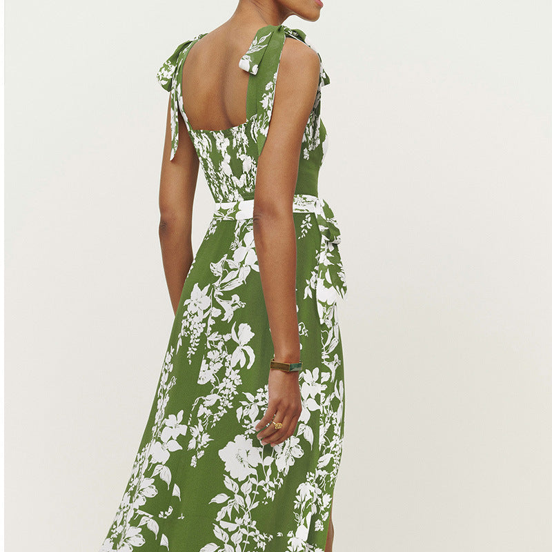 2026 Spring New Cross-border European and American Clothing Sexy Slim Back Lace-up Strap Shoulder Strap Slit Printed Dress