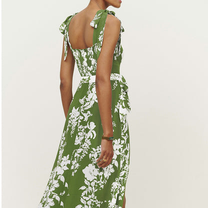 2026 Spring New Cross-border European and American Clothing Sexy Slim Back Lace-up Strap Shoulder Strap Slit Printed Dress