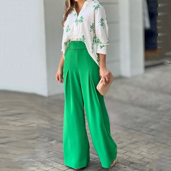 2025 European and American clothing temperament loose printed shirt women's high-waisted wide-leg pants fashion suit women's two-piece set 661