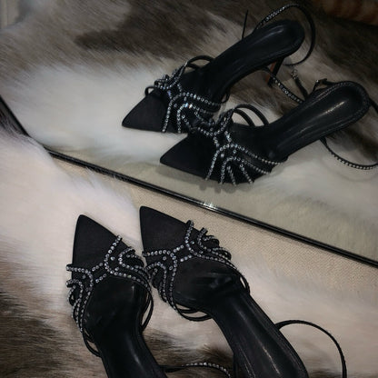 YX2026 New Rhinestone Black Stiletto Heel Sexy Satin Open Toe Pointed Toe Straight Strap Cross Thin Band Sandals for Women