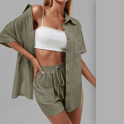 Amazon 2026 New Fashion Solid Color Shirt Women's Casual Temperament Short Sleeve Single-Breasted Shorts Two-Piece Set