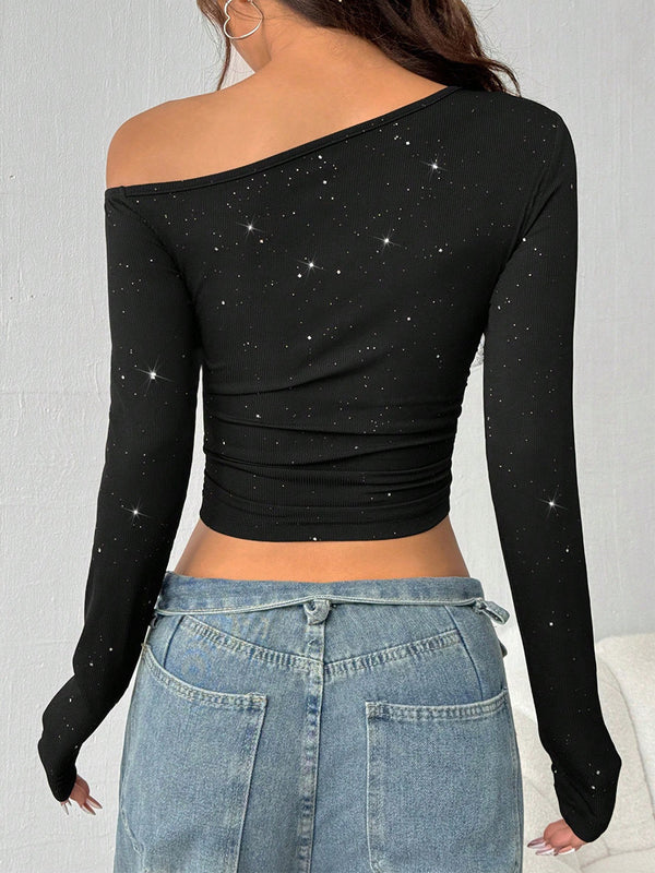 Women's Rhinestone One-Shoulder Top