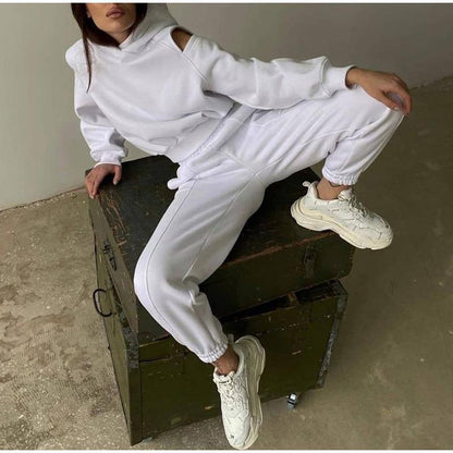 2026 new fashionable and versatile long-sleeved fleece sweatshirt elastic band trouser suit European and American simple style sports suit