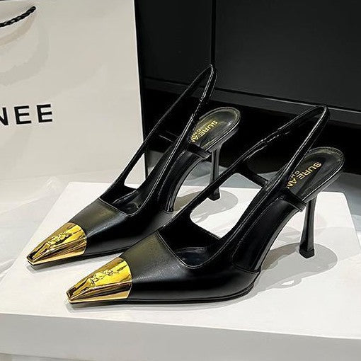 YX2026 Fall New Metal Toe Back Air Sandals Women's Black Sexy Single Shoes Thin Heel Spools Toe High Heels