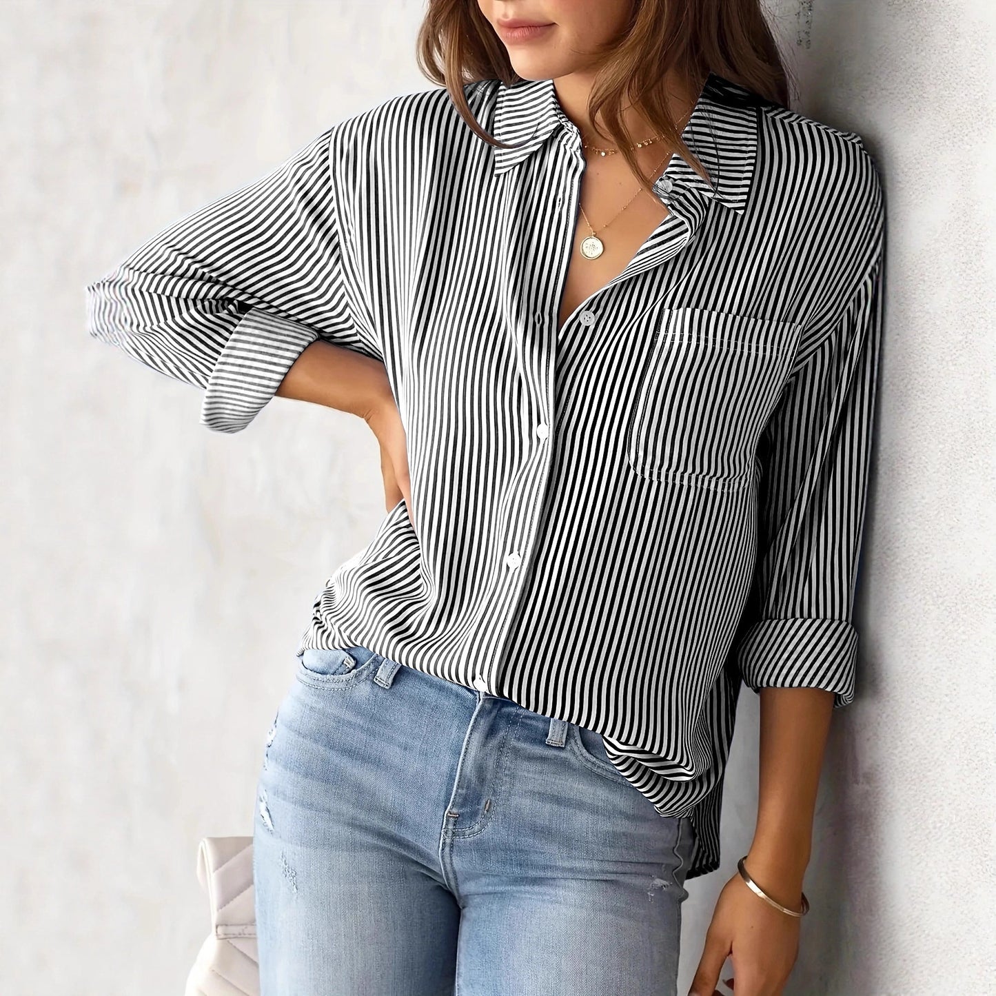 Women's Fall 2023 Amazon Striped Cardigan Tops Loose Casual Long Sleeve Shirts Women's Striped Long Sleeve Shirts