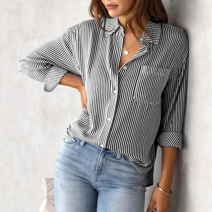 Women's Fall 2023 Amazon Striped Cardigan Tops Loose Casual Long Sleeve Shirts Women's Striped Long Sleeve Shirts