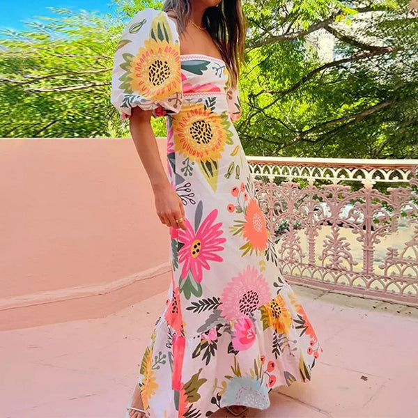 2026 spring new cross-border European and beautiful casual one-line neck printed lantern sleeve slim big swing dress