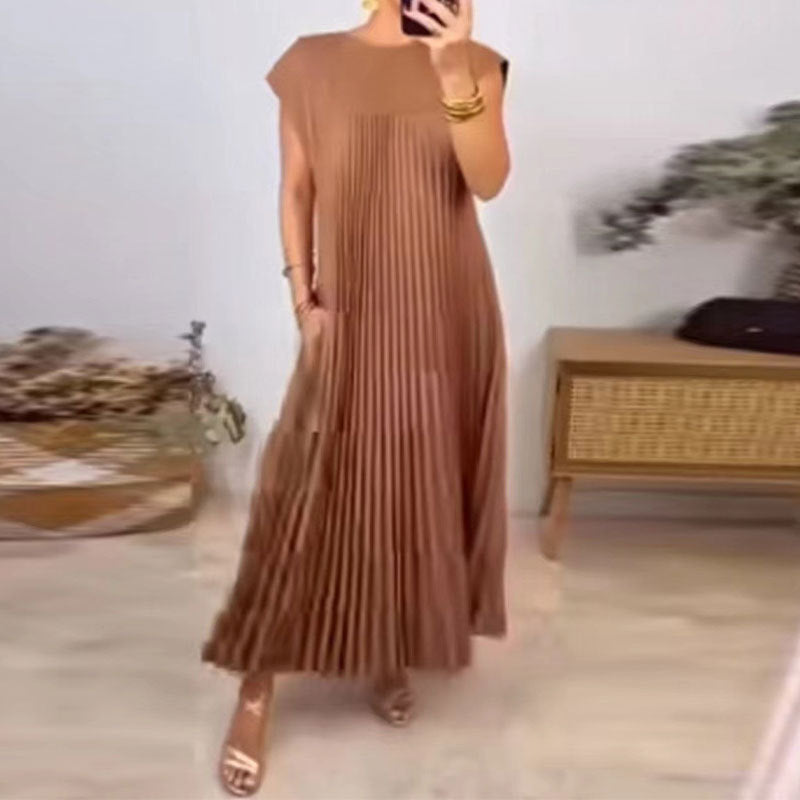2026 Spring New Dress Cross-border European and American Clothing Elegant and Fashionable Crew Neck Sleeveless Pleated Long Dress