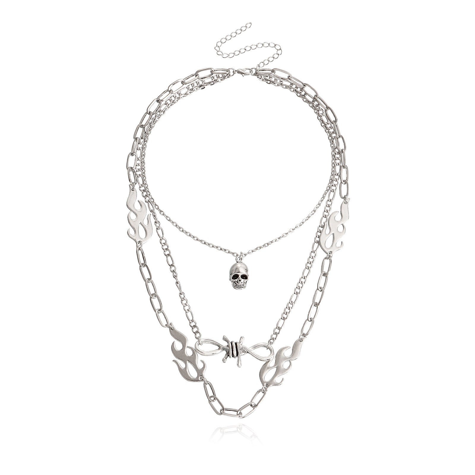 European and American cross-border jewelry, punk multi-layered flame shape, ins, metallic necklace, female skull, clavicle chain necklace