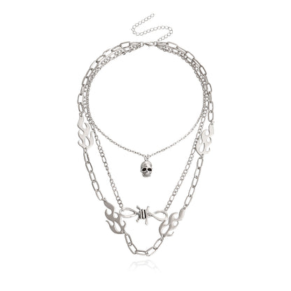 European and American cross-border jewelry, punk multi-layered flame shape, ins, metallic necklace, female skull, clavicle chain necklace