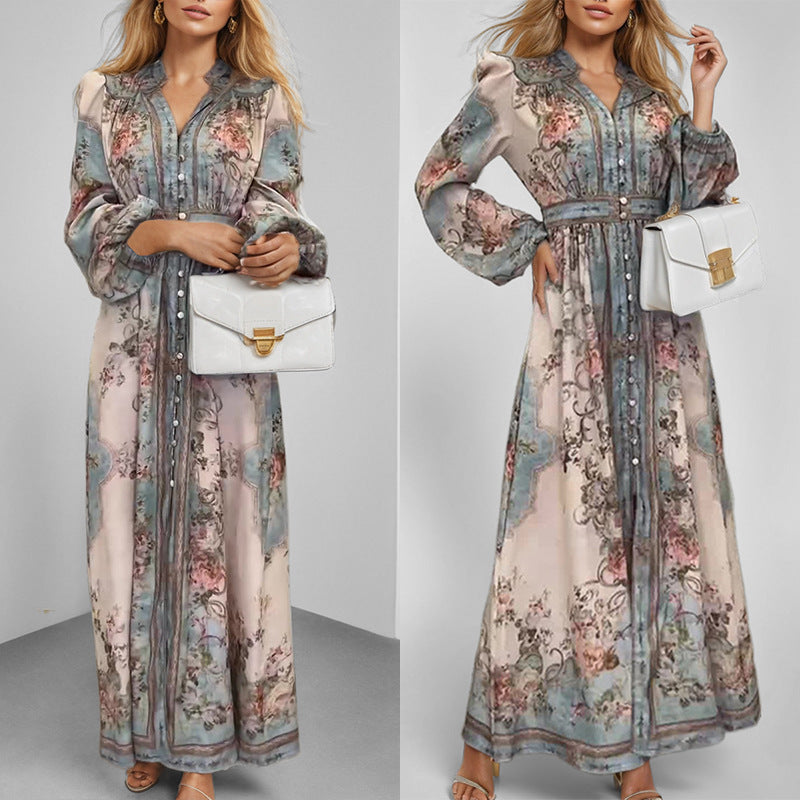 2026 dress cross-border European and American clothing new elegant V-neck fashion print long sleeve European and American dress
