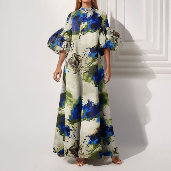 2026 New Foreign Trade European and American Clothing Temperament Loose Printed Painted Long Skirt Large Swing Puff Sleeve European and American Dress