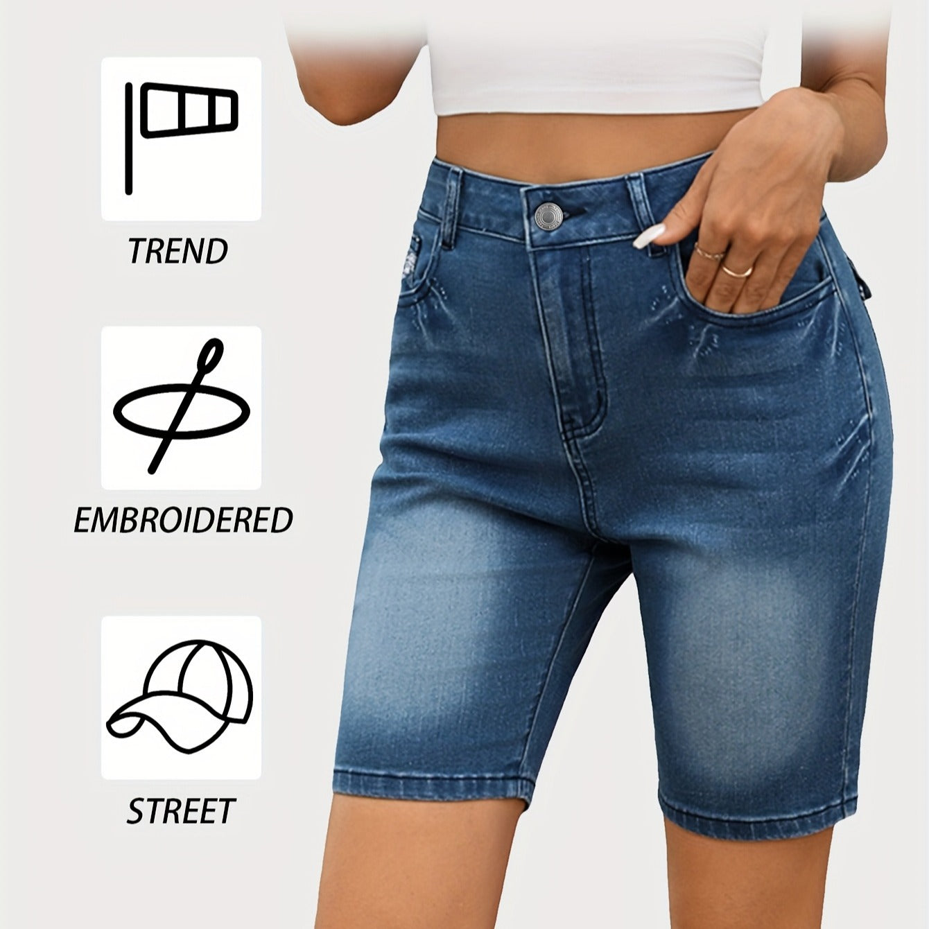 Summer new women's elegant denim culottes cargo pants women's anti-light A-shaped pocket embroidery slimming
