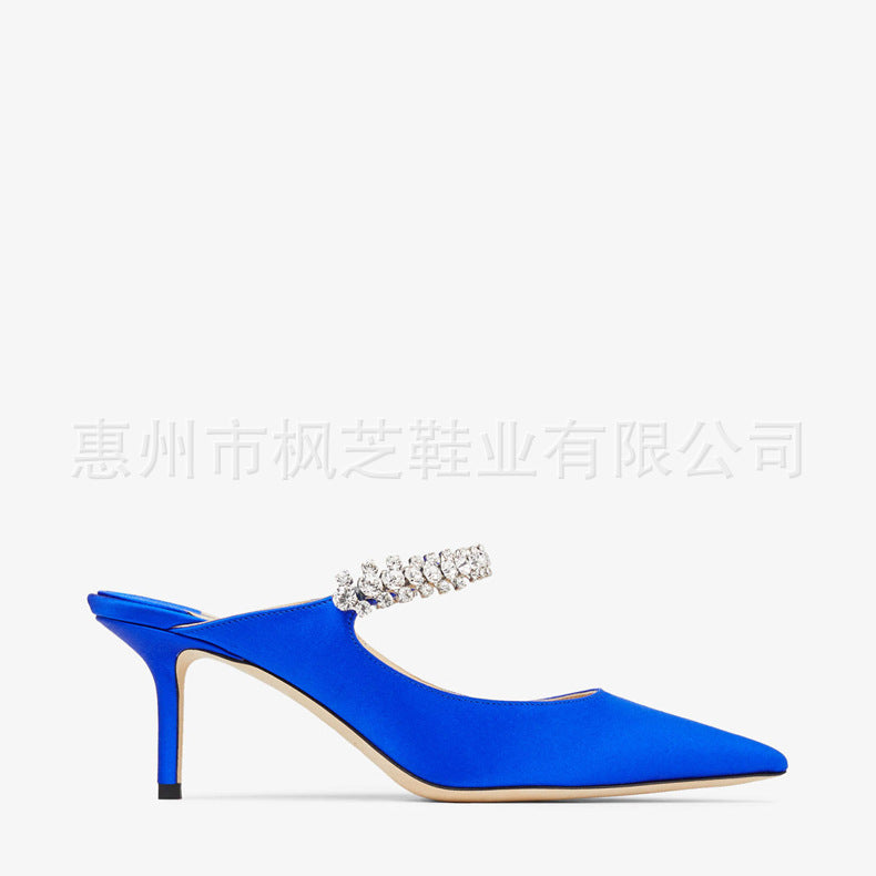 New cross-border European and American one-line strap ultra-high heel sandals, black pointed toe rhinestone heels, pump heels