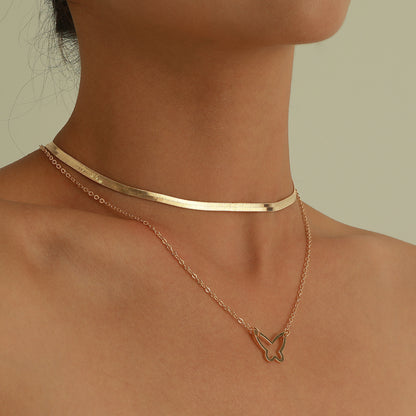 European and American cross-border jewelry, personalized double-layer hollow butterfly pendant necklace, women's trendy fashion snake bone chain necklace