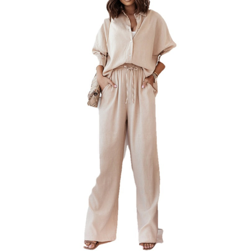 Cross-border 2026 European and American women's clothing Amazon new trendy loose shirt wide-leg fashion suit women's two-piece set