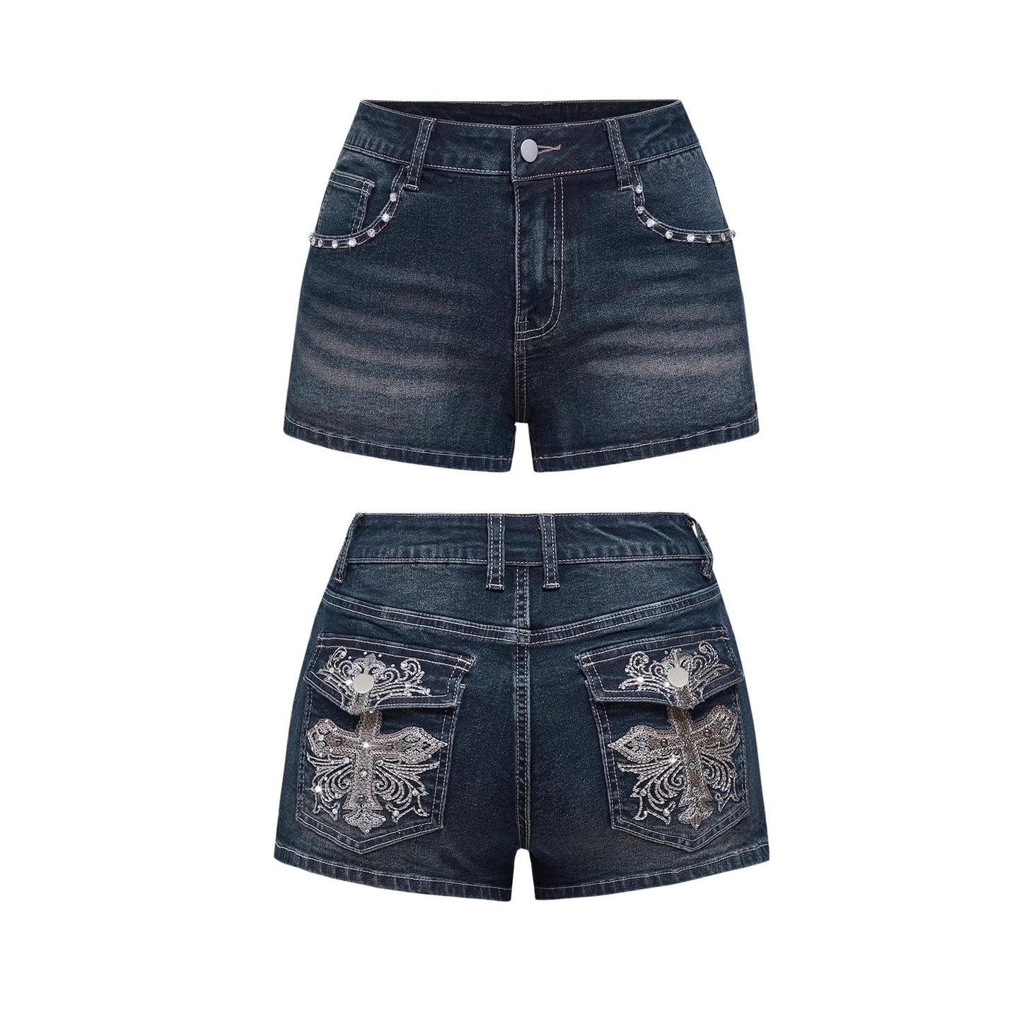 High-waisted slimming denim shorts, women's heavy industry embroidered nail beads, A-line hot girl style, new fashionable and versatile pants in summer