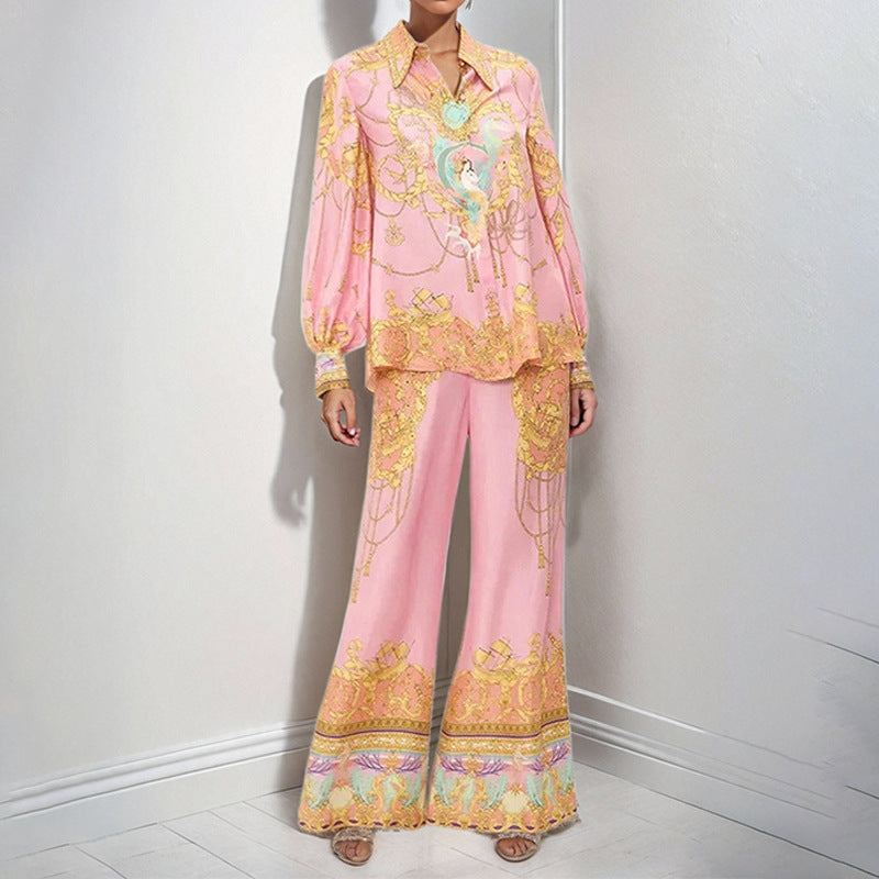 Cross-border spring 2026 Amazon European and American clothing long sleeve pink printed shirt trousers casual fashion suit women