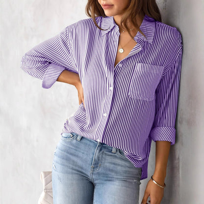 Women's Fall 2023 Amazon Striped Cardigan Tops Loose Casual Long Sleeve Shirts Women's Striped Long Sleeve Shirts