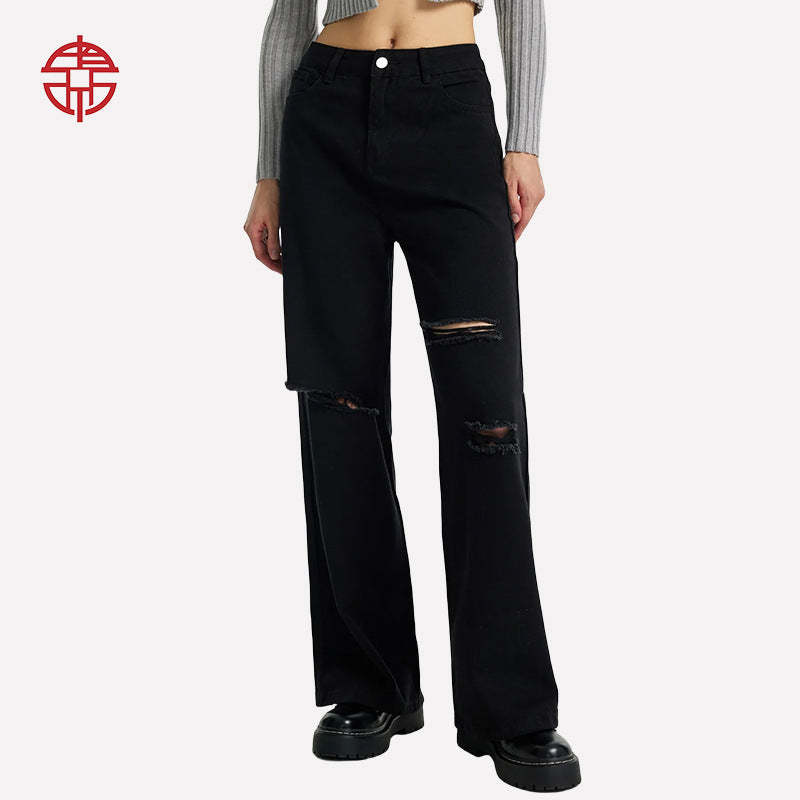 Spot cross-border European and American denim women's loose wide-leg trousers, high-waisted ripped jeans women's JEANS